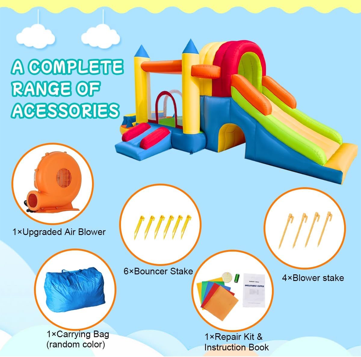 Baralir Inflatable Bouncy Castle, 8 in 1 Large Bounce House with Blower for Kids and Toddlers, Outdoor Indoor Backyard Inflatable Bouncers with Two Slides