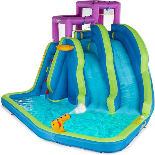 Mega Tornado Twist Inflatable Water Slide for Kids - Water Park with Slides, Climbing Wall, Water Cannon and Splash Pool - Ages 5 and Up - with Blower