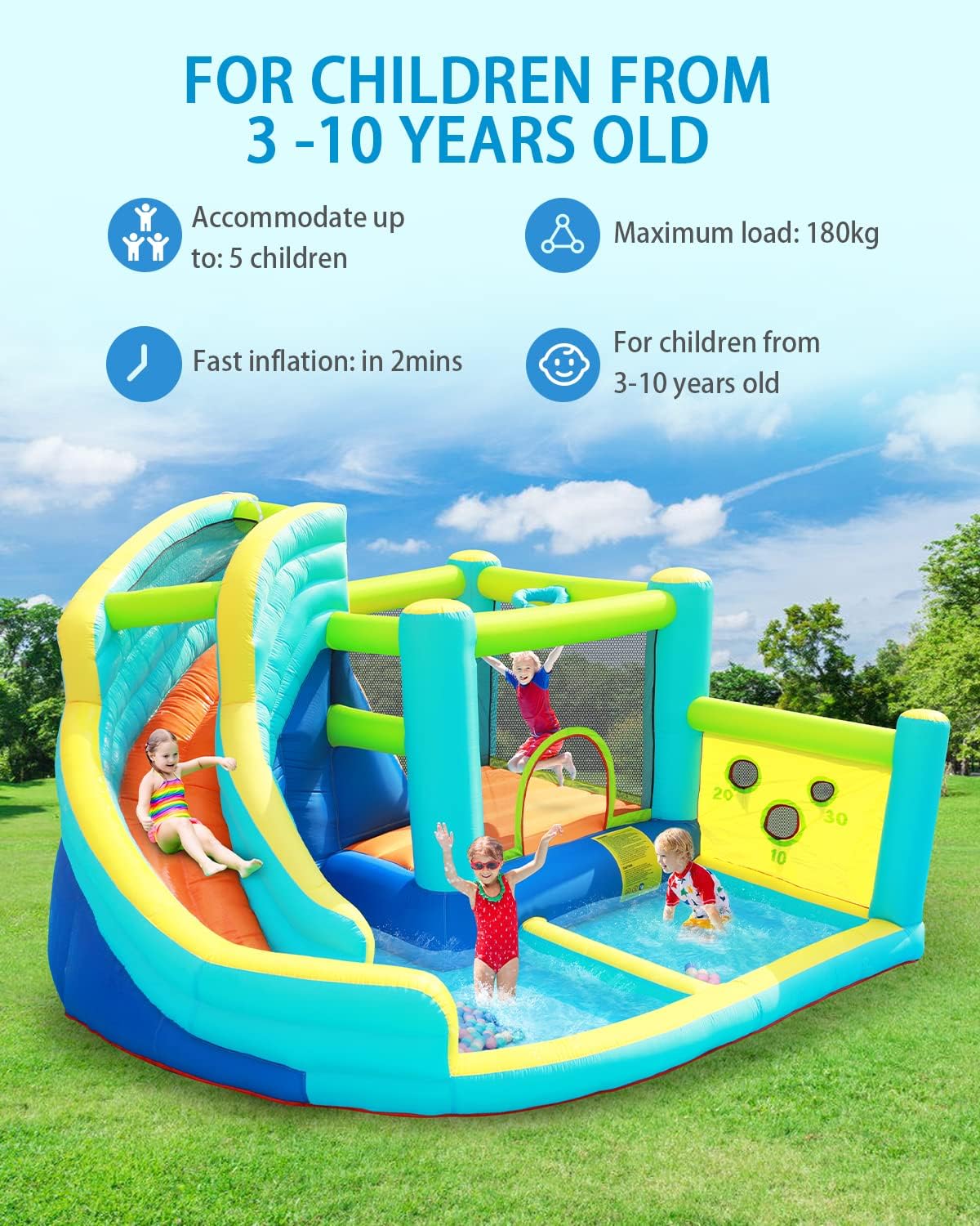 Inflatable Bouncy Castle Large Bounce House Water Park with Spray Slide Trampoline Paddling Pool Climbing Wall Basketball Hoop and Air Blower for Kids Toddler Garden Outdoor Holds Up to 5 Children