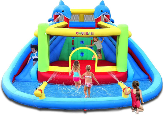 Causeair Inflatable Water Slide with Bounce House,Dolphin Styling,Splashing Pool,Double Water Cannon,Climbing Wall,Heavy Duty GFCI Blower,Water Park for Kids Backyard Summer