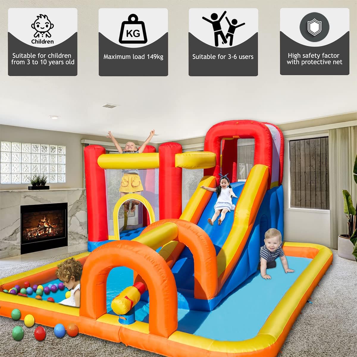 Baralir Inflatable Bouncy Castle, Large Inflatable Bounce House Water Slide Trampoline Splashing Pool Climbing Wall with Air Blower for Kids Outdoor Indoor Play, 3.96 x 3.2 x 1.96m