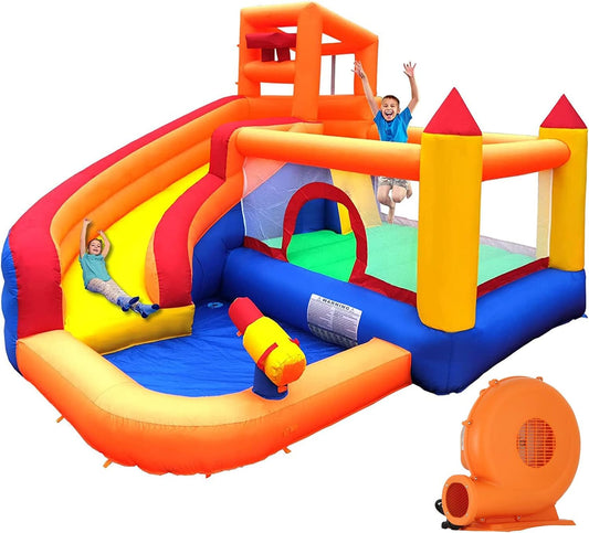 Ballsea Bouncy Castle, Inflatable Trampoline Bounce House with Long Slide, Climbing Wall, Ball Pit, Cannon, Bucket Dump for Kids Indoor Outdoor