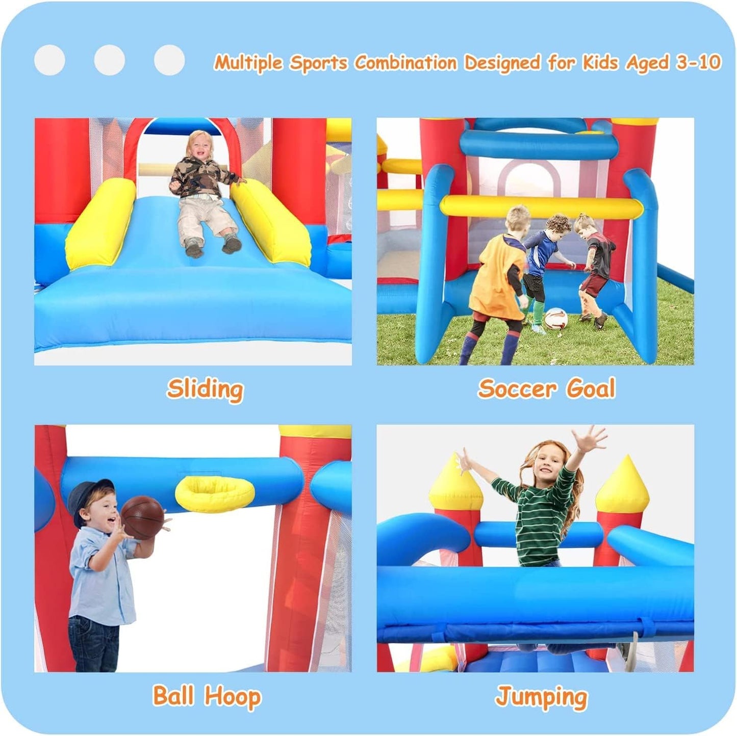 Ballsea Bouncy Castle, 6 in 1 Inflatable Bounce Castle House with Blower, Inflatable Slide with Extra Sun Cover for Kids Indoor Outdoor
