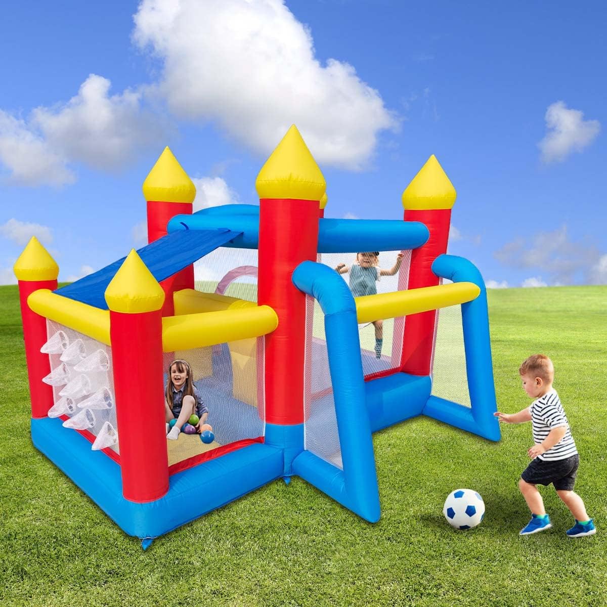 Ballsea Bouncy Castle, 6 in 1 Inflatable Bounce Castle House with Blower, Inflatable Slide with Extra Sun Cover for Kids Indoor Outdoor