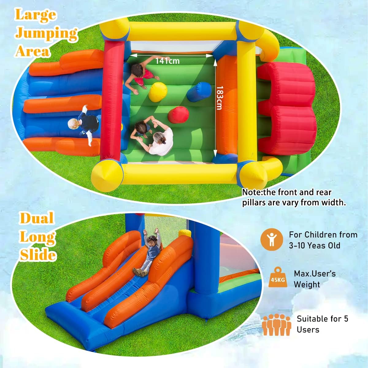 Ballsea Inflatable Bouncy Castle, Kids Bounce House Inflatable Trampoline Dual Slide, Inflatable Jumper Play Center with Air Blower for Kids Indoor Outdoor, 4.88 x 2.4 x 1.9m