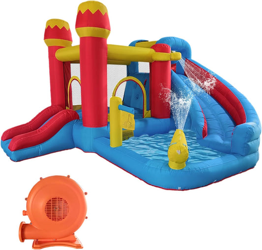 Lajou Inflatable Water Slide Bounce House for Kids, 6-in-1 Backyard Water Park with Splash Pool, Climbing Wall, Basketball Hoop, Water Cannon, Air Blower Summer Party Gift.