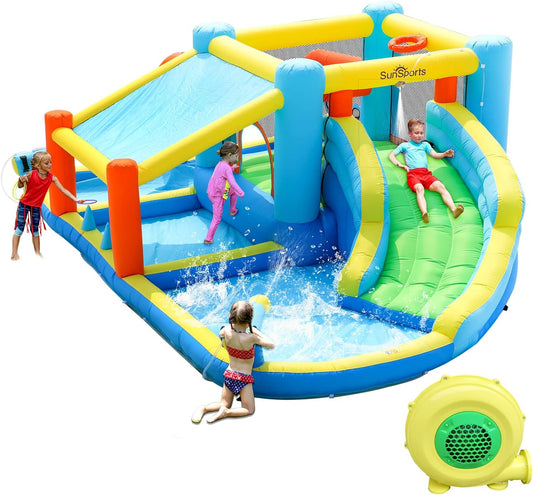 SunSports Inflatable Water Slide,Bounce House for Kids Backyard,Inflatable Water Park with Splash Pool,Jump House with Waterslide,Bouncy Castle for Wet and Dry
