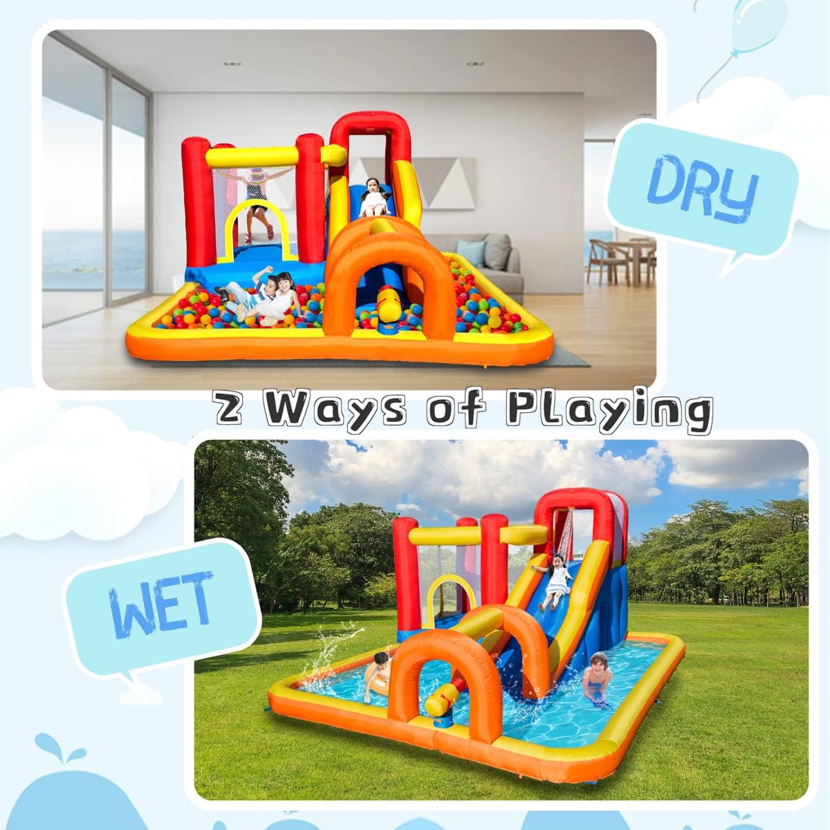 Baralir Inflatable Bouncy Castle, Large Inflatable Bounce House Water Slide Trampoline Splashing Pool Climbing Wall with Air Blower for Kids Outdoor Indoor Play, 3.96 x 3.2 x 1.96m