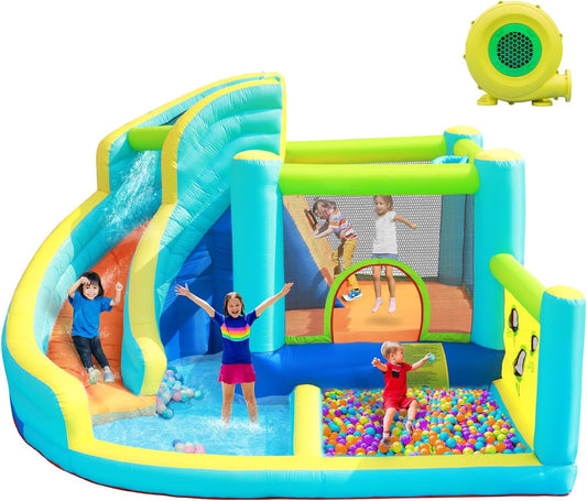 Inflatable Bouncy Castle Large Bounce House Water Park with Spray Slide Trampoline Paddling Pool Climbing Wall Basketball Hoop and Air Blower for Kids Toddler Garden Outdoor Holds Up to 5 Children