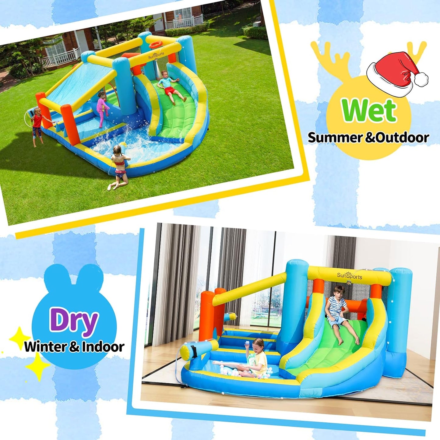 SunSports Inflatable Water Slide,Bounce House for Kids Backyard,Inflatable Water Park with Splash Pool,Jump House with Waterslide,Bouncy Castle for Wet and Dry