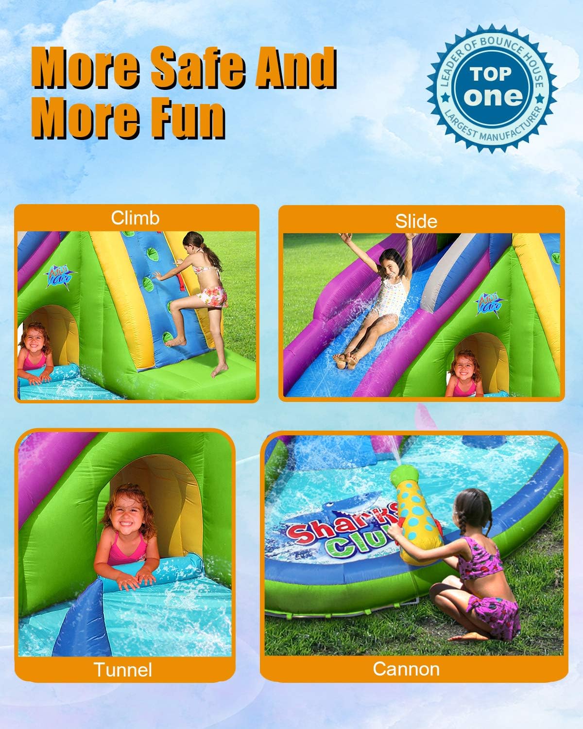 ACTION AIR Inflatable Water Slide, Shark Bounce House with Slide for Wet and Dry, Playground Sets for Kids Backyard, Water Spray & Water Pool, Durable Sewn with Extra Thick Material