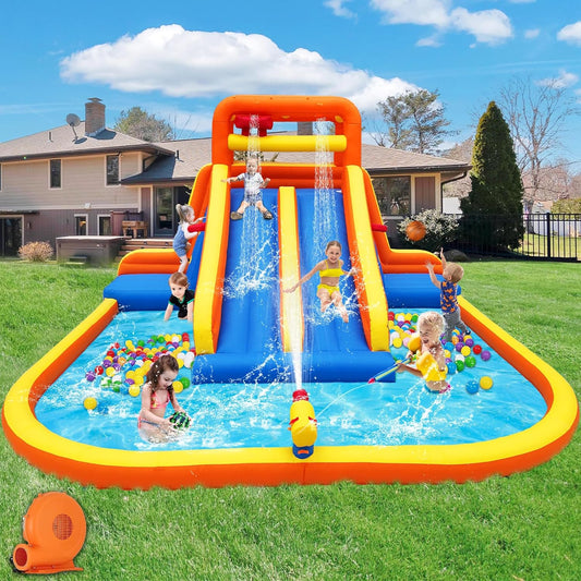 Hongcoral Inflatable Water Slide, Mega Bounce House Water Park with Long Dual Slide, 2 Climbing Walls, 2 Basketball Hoops, Large Splash Pool, 15.6 x 15 x 8.7FT Blow up WaterSlides with Blower
