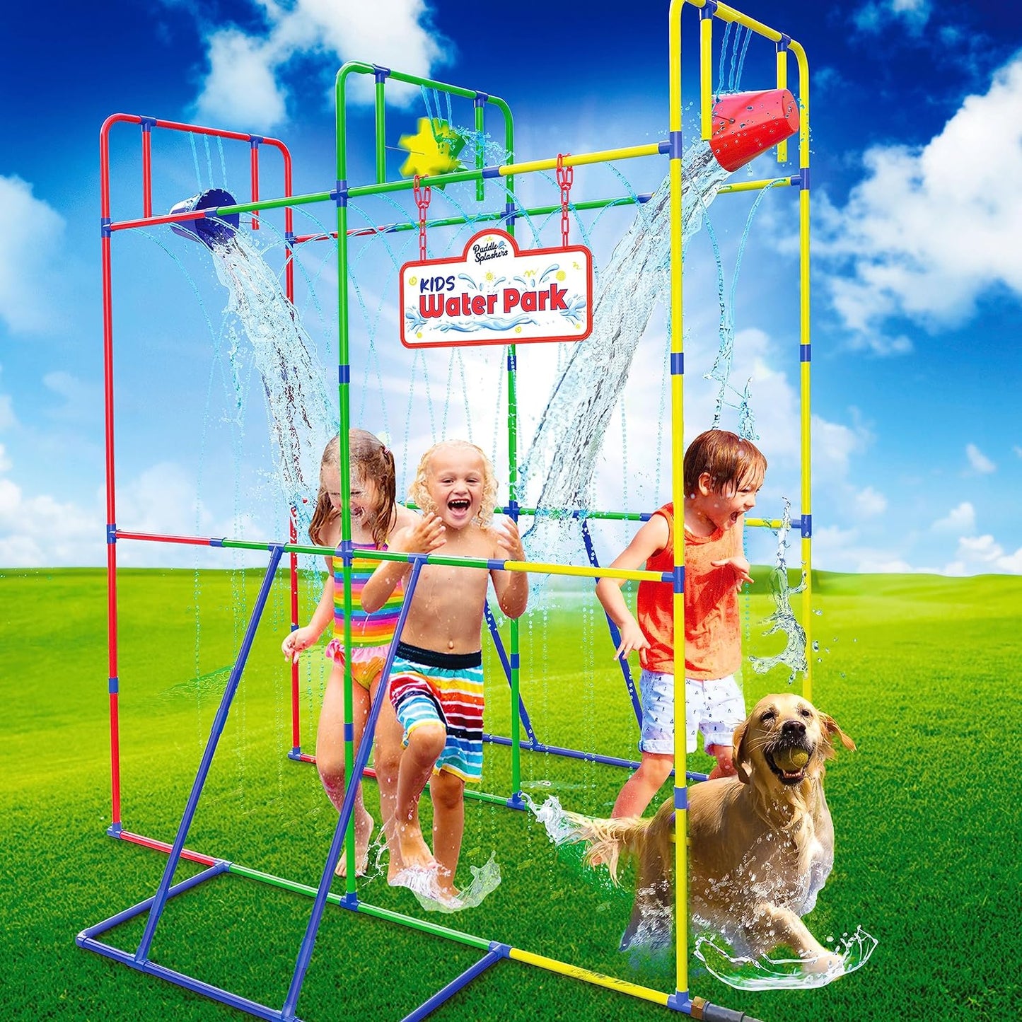 Backyard Waterpark with Splash Wheel, Dump Buckets for Kids Outdoor Water Play