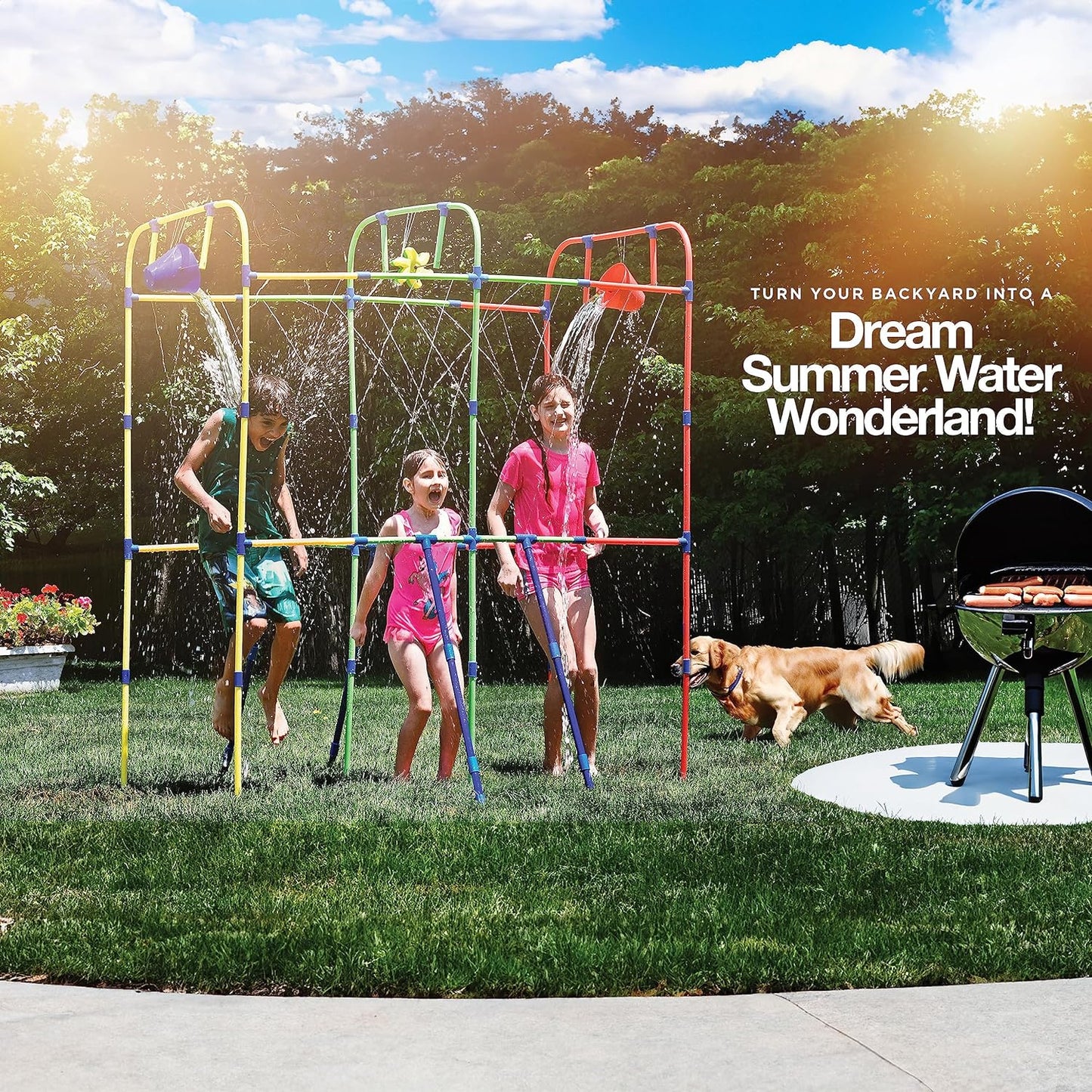 Backyard Waterpark with Splash Wheel, Dump Buckets for Kids Outdoor Water Play